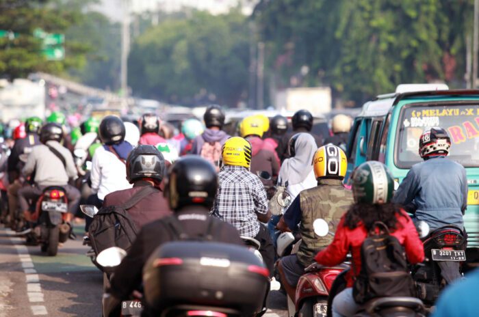 Heavy traffic on a main road in Jakarta