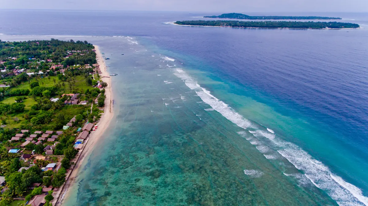 Aerial view of Gili Air coastline and reef off Lombok