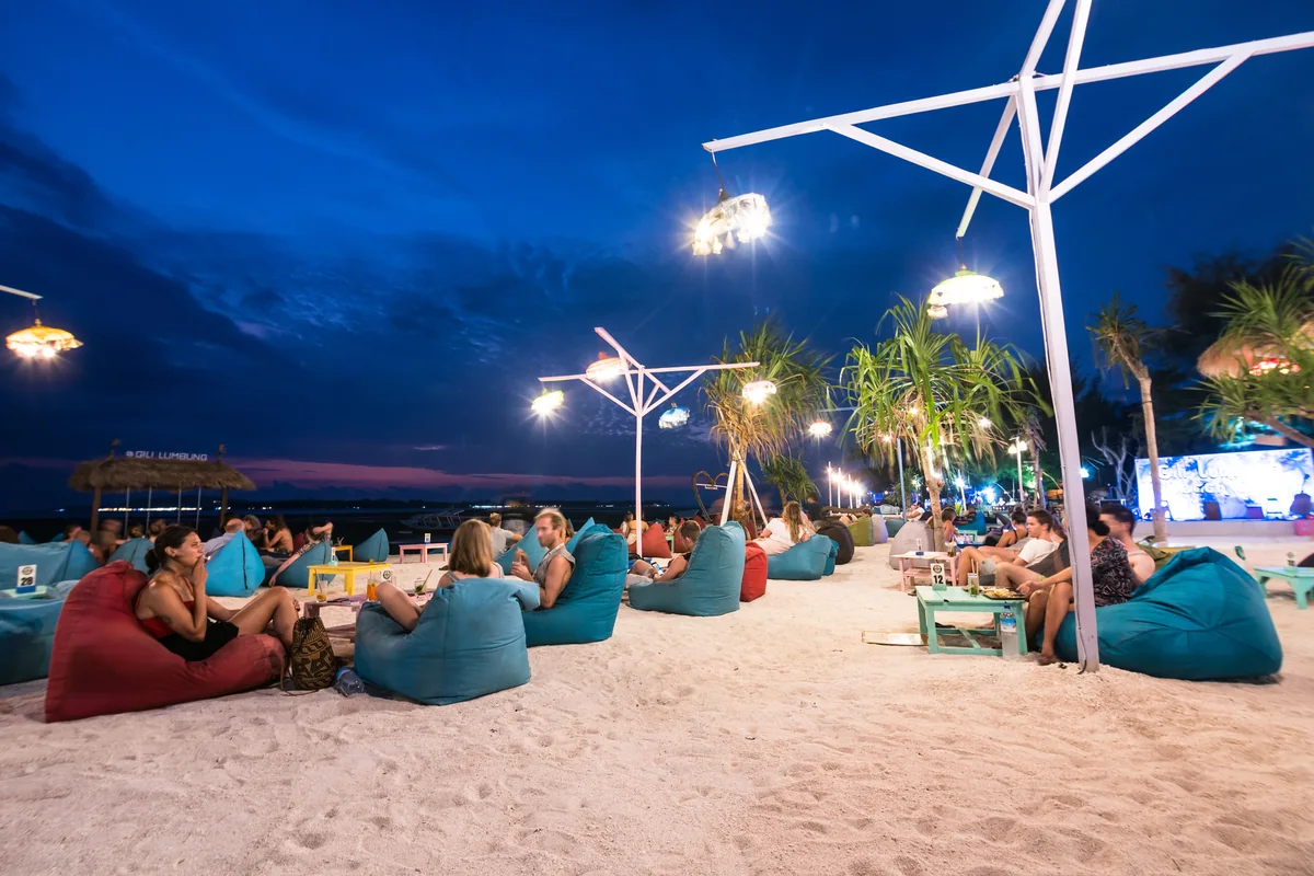 Beach beanbags at night on Gili Air
