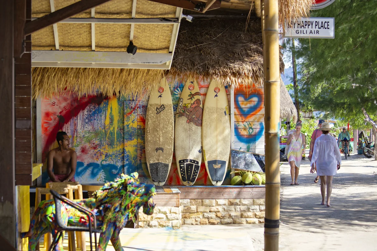 Surfboards and rental shops on Gili Air