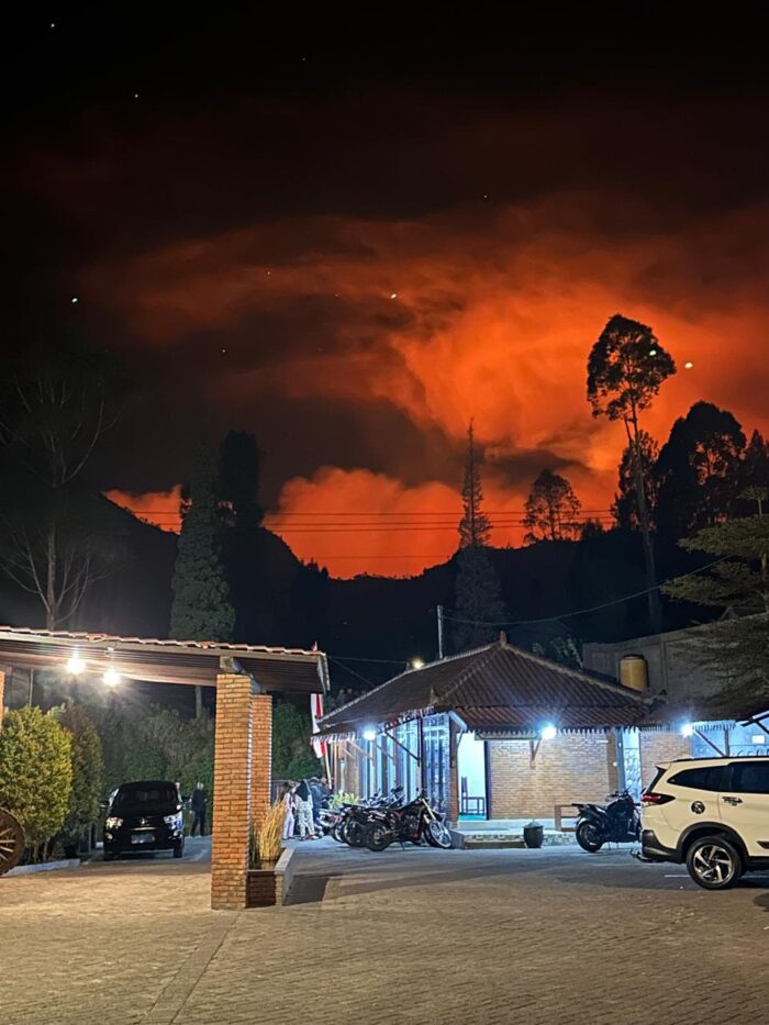 Wildfire glow near Mount Bromo at night in August 2026