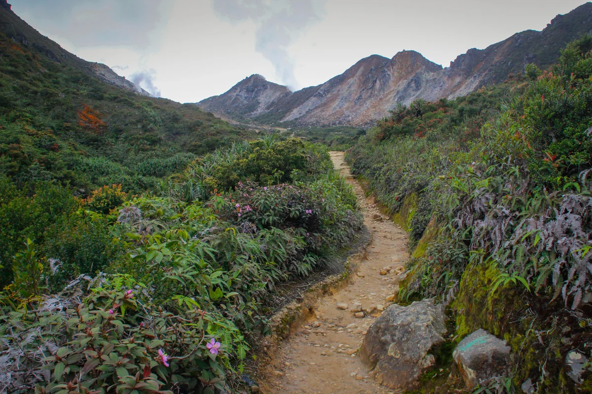 Hiking trail through Mount Sibayak’s upper volcanic landscape