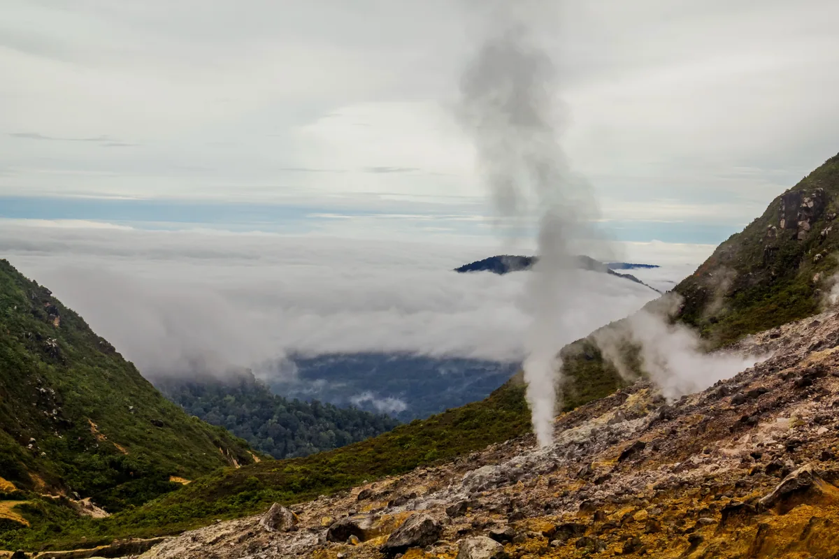 Steam rising from fumaroles on Mount Sibayak