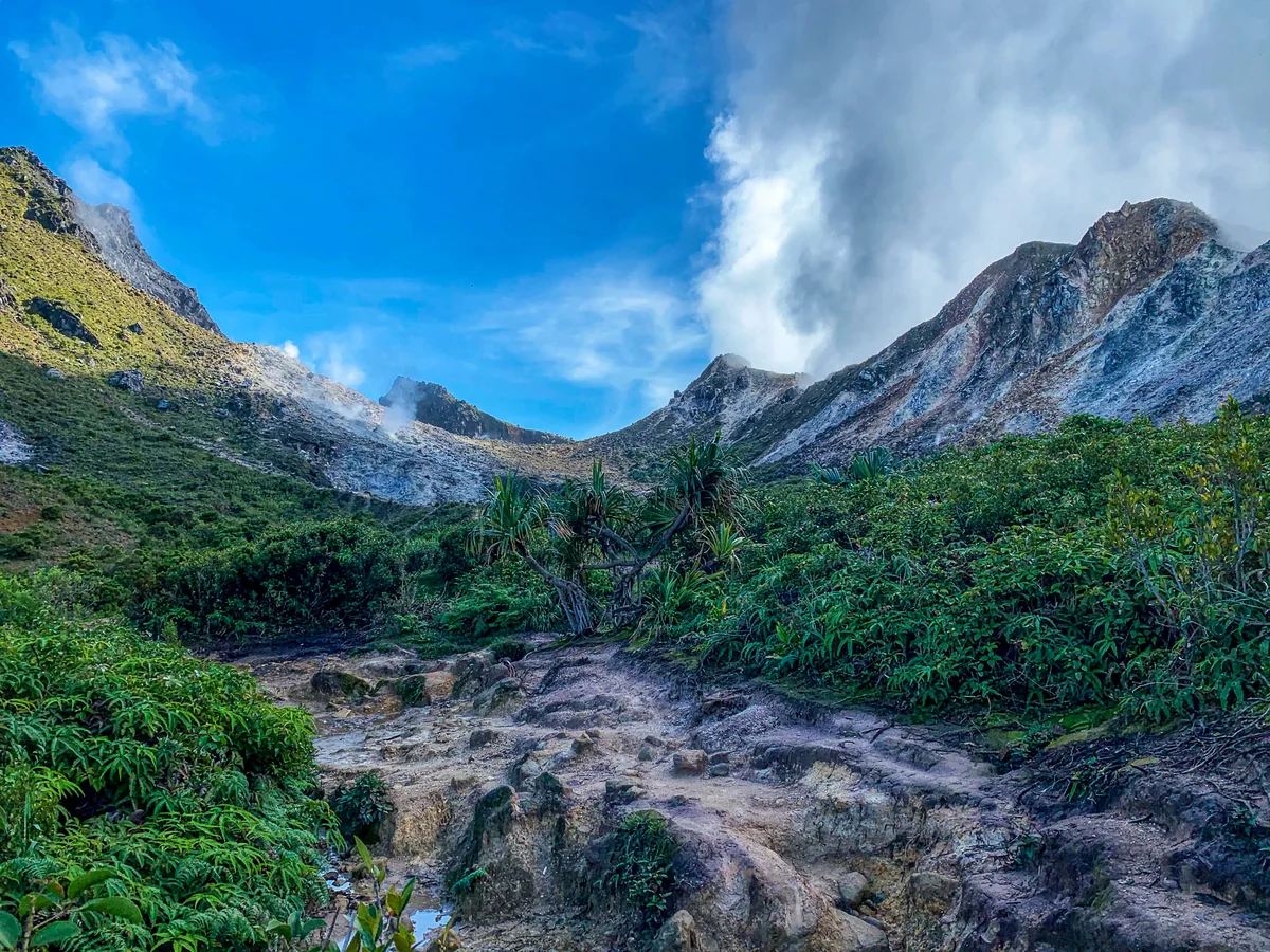 Geothermal valley below Mount Sibayak’s crater